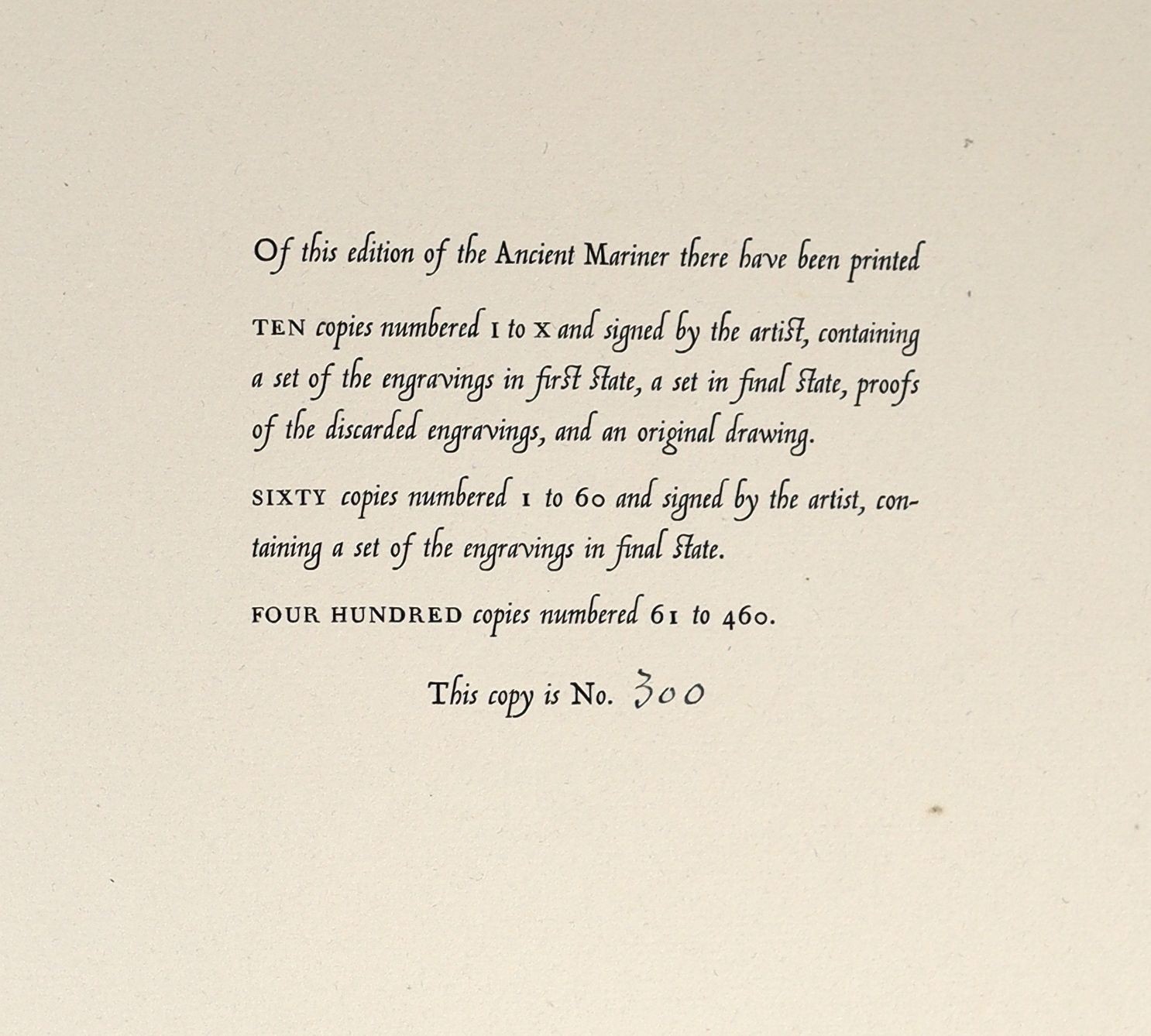 Coleridge, Samuel Taylor - The Rime of the Ancient Mariner. Limited edition, No. 300 of 400. Complete with 10 copper engravings, 8 of which are full plates. Quarter cloth and paper boards with gilt letters direct on spin